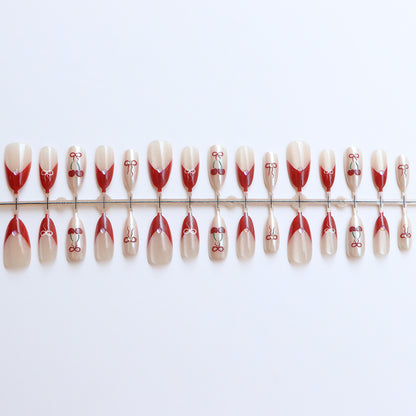 Artistic Press-On Nail Set with Cherry and Ribbon Design Acalora