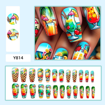 Artificial nail set with tropical drink motif and colorful accents Acalora