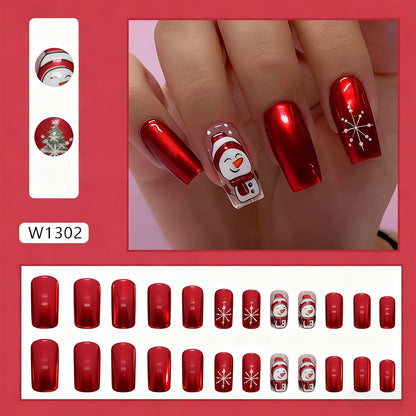 Artificial nail set with festive snowman design and glitter accents Acalora