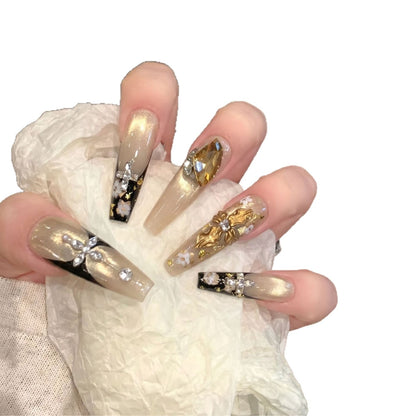 Elegant Decorative Press-On Nail Art Set with Rhinestone and Floral Accents Acalora