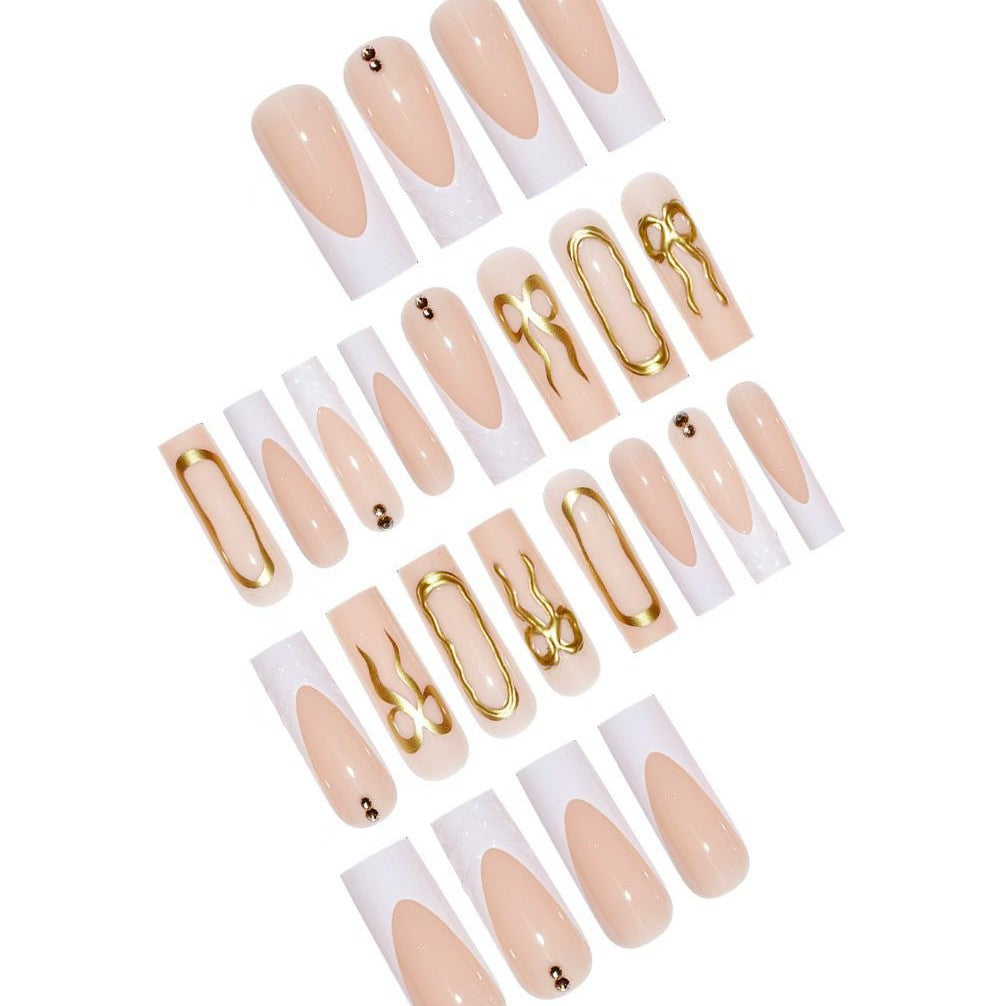 Artistic 3D Press-On Nail Set with Decorative Gold Accents Acalora