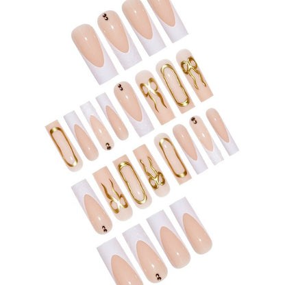 Artistic 3D Press-On Nail Set with Decorative Gold Accents Acalora
