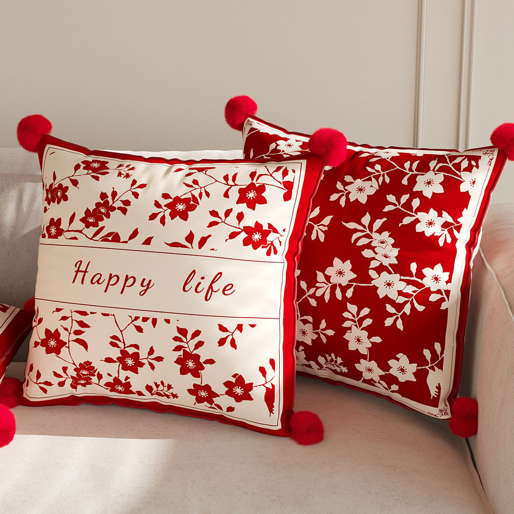 Decorative Floral Pom-Pom Throw Pillow