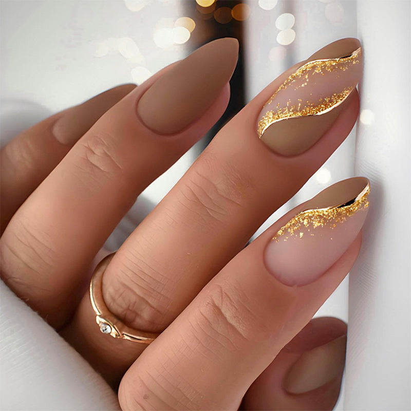 Elegant Press-On Nail Set with Decorative Gold Stripe Design Acalora