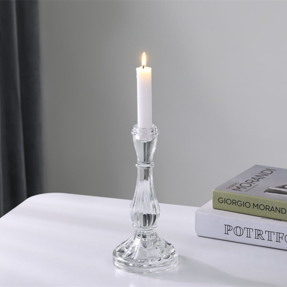 Ribbed Crystal-Style Glass Candlestick Holder Acalora