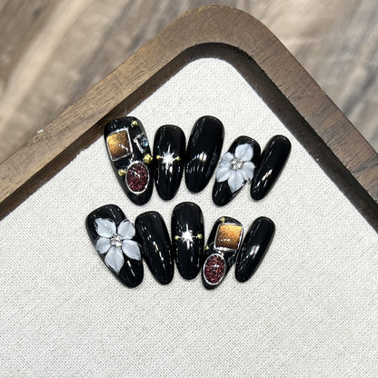 Decorative Press-On Nail Art Set with Floral and Crystal Accents Acalora