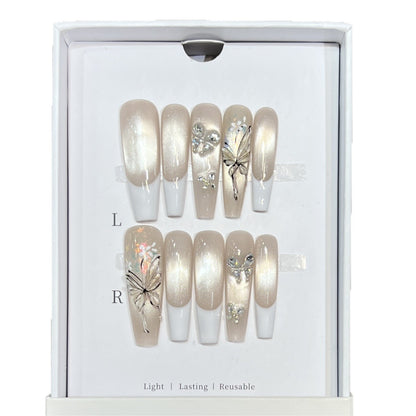 Elegant Press-On Nail Art Set with Butterfly and Jewel Accents Acalora