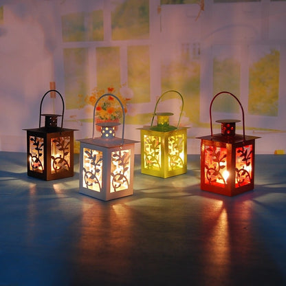 Decorative Metal Tealight Lantern Set with Filigree Leaf Cutouts and Carry Handle Acalora