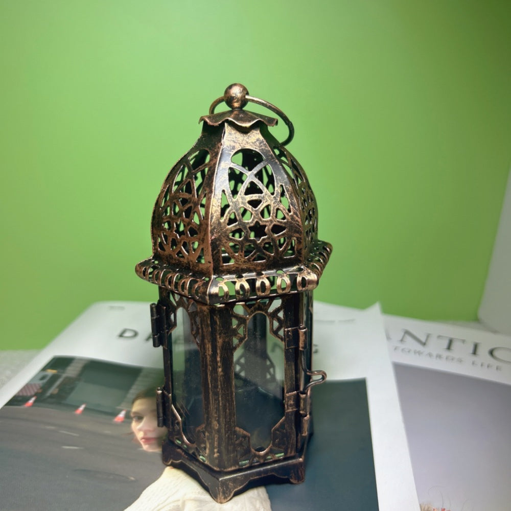 Ornate Moroccan Stained-Glass Metal Tealight Lantern Acalora