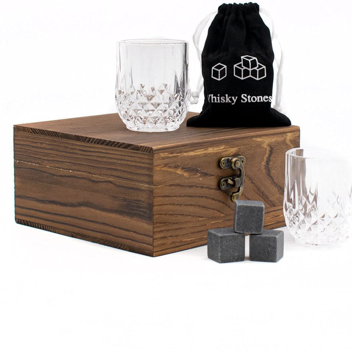 Cut crystal whiskey glasses gift set with reusable chilling stones and wooden presentation box Bowlift