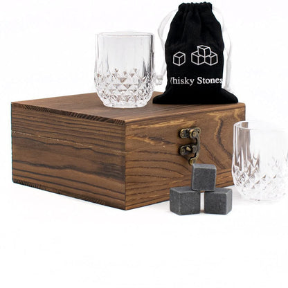 Cut crystal whiskey glasses gift set with reusable chilling stones and wooden presentation box Bowlift
