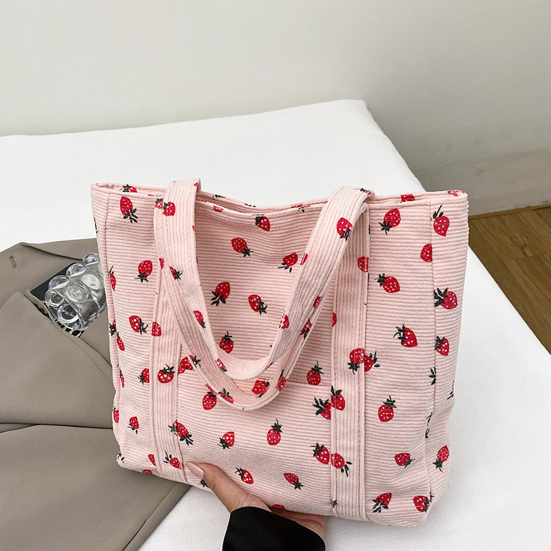 Playful Strawberry Print Corduroy Tote Bag Acalora