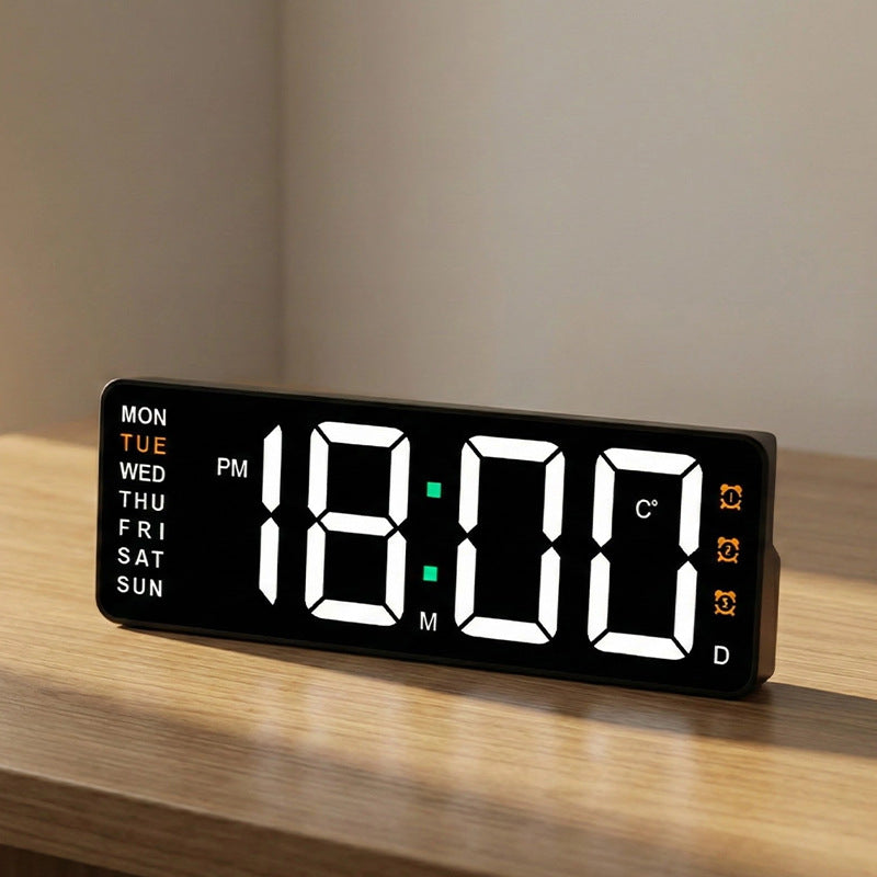 Digital wall clock with temperature and weekday display
