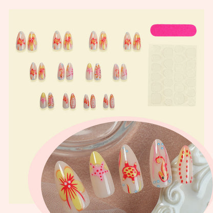 Artistic Press-On Nail Set with Floral and Colorful Designs Acalora