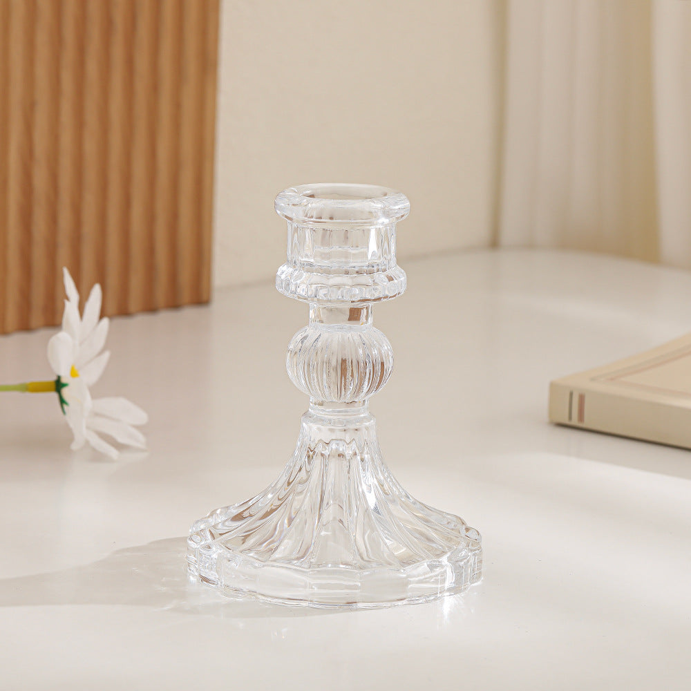 Crystal-cut Glass Candlestick Holder with Ribbed Stem Acalora