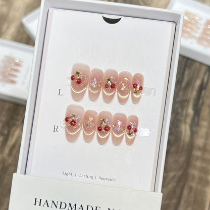 Handmade Cherry-Embossed Press-On Nail Set Acalora