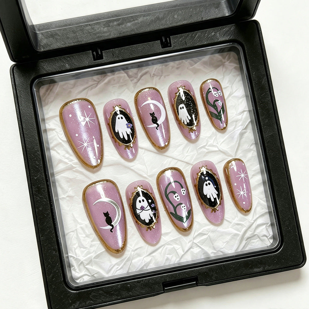 Halloween-Themed Ghost and Cat Press-On Nail Art Set Acalora