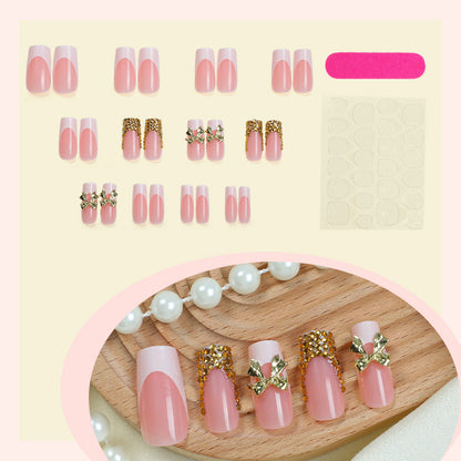 Decorative Press-On Nail Art Set with Elegant Bow and Gem Accents Acalora