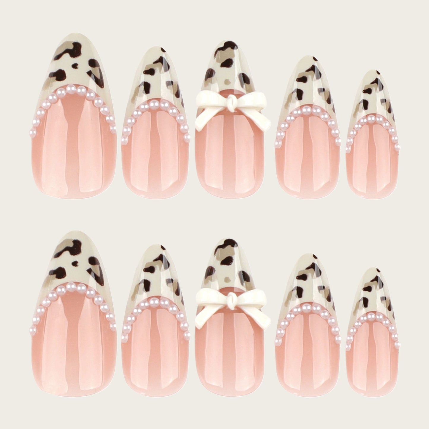 Artistic Press-On Nail Set with Bow and Animal Print Acalora