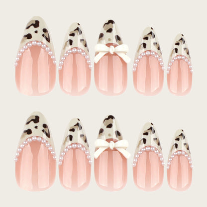 Artistic Press-On Nail Set with Bow and Animal Print Acalora