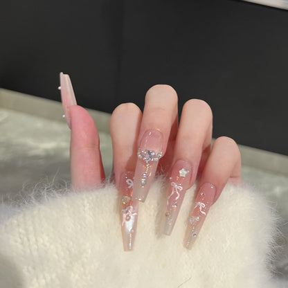 Elegant Press-On Nail Art Set with Chic Ribbon and Gem Accents Acalora
