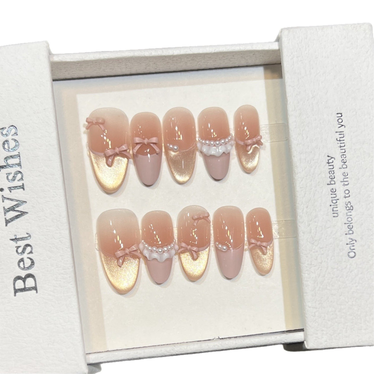 Elegant Press-On Nail Art Set with Pearl and Bow Accents Acalora