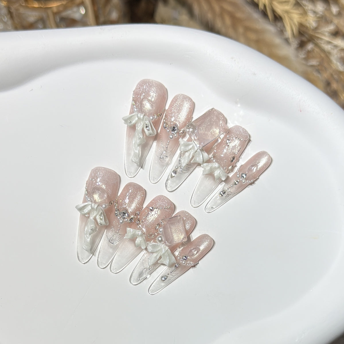 Elegant Press-On Acrylic Nail Set with Decorative Bow and Glitter Accents Acalora