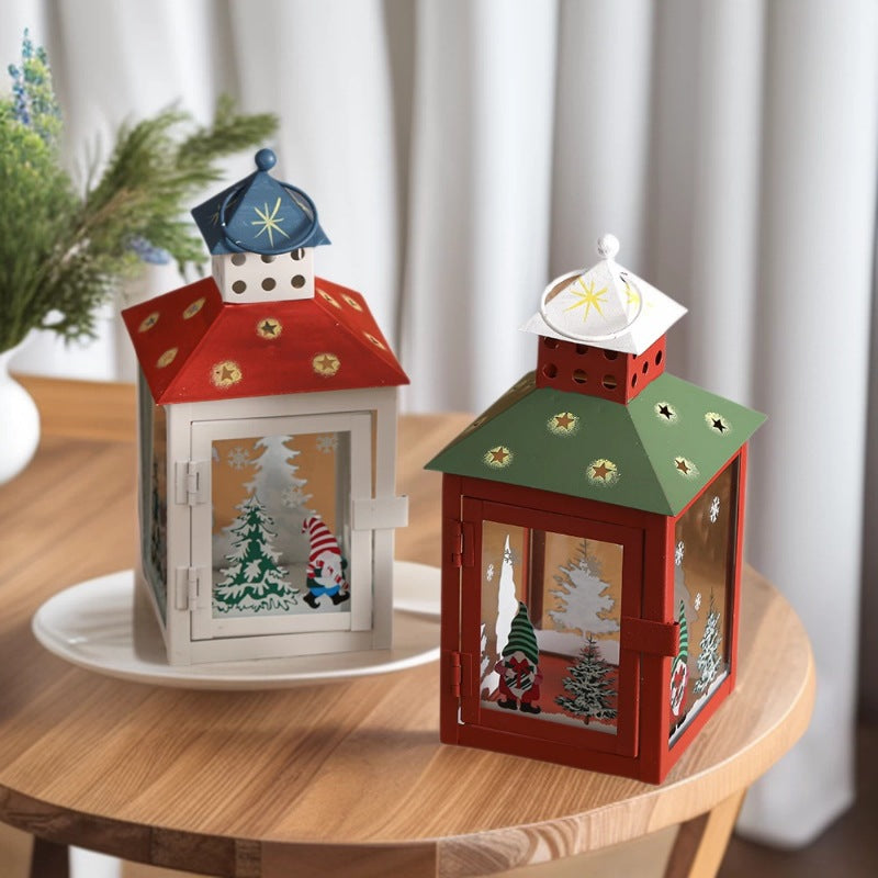 Decorative Holiday Gnome Lantern with Star-Cut Roof and Glass Panel Candle Holder Acalora