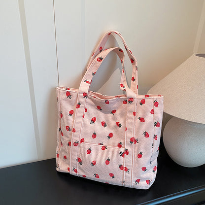 Playful Strawberry Print Corduroy Tote Bag Acalora