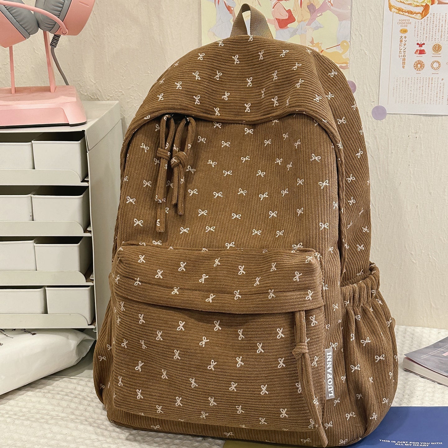 Cute Bow-Embellished Corduroy Backpack Bowlift