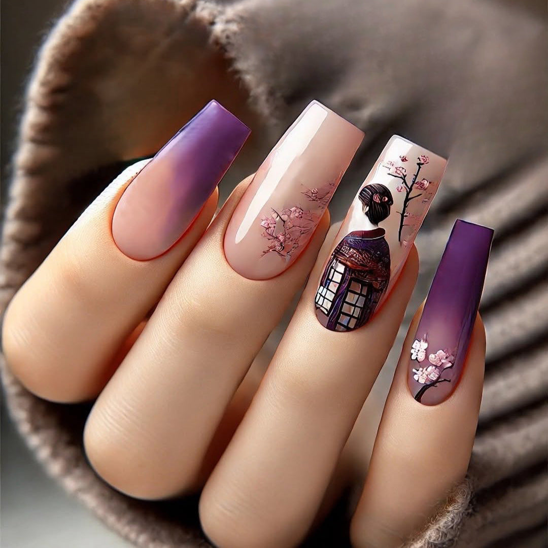 Elegant Artificial Nails Set with Ombre Design and Artistic Accents Acalora