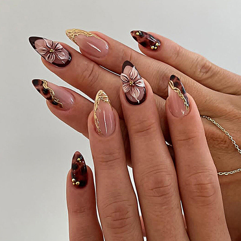 Artistic Press-On Nail Set with Elegant Floral and Abstract Designs Acalora