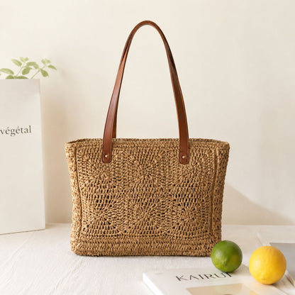 Handbag Made of Natural Rattan with Elegant Leather Handles Bowlift