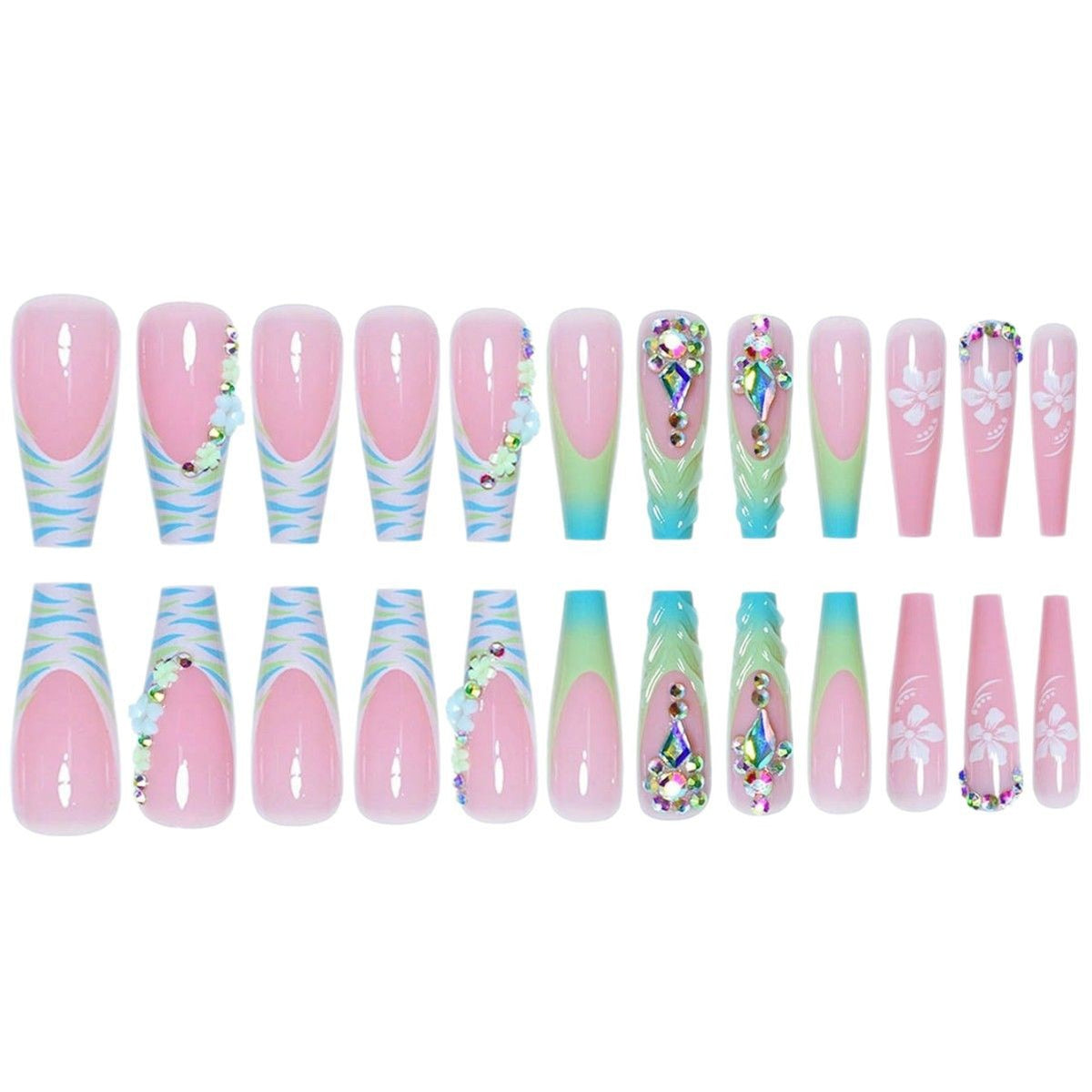 Decorative Long Press-On Nail Art with Gemstone Accents Acalora