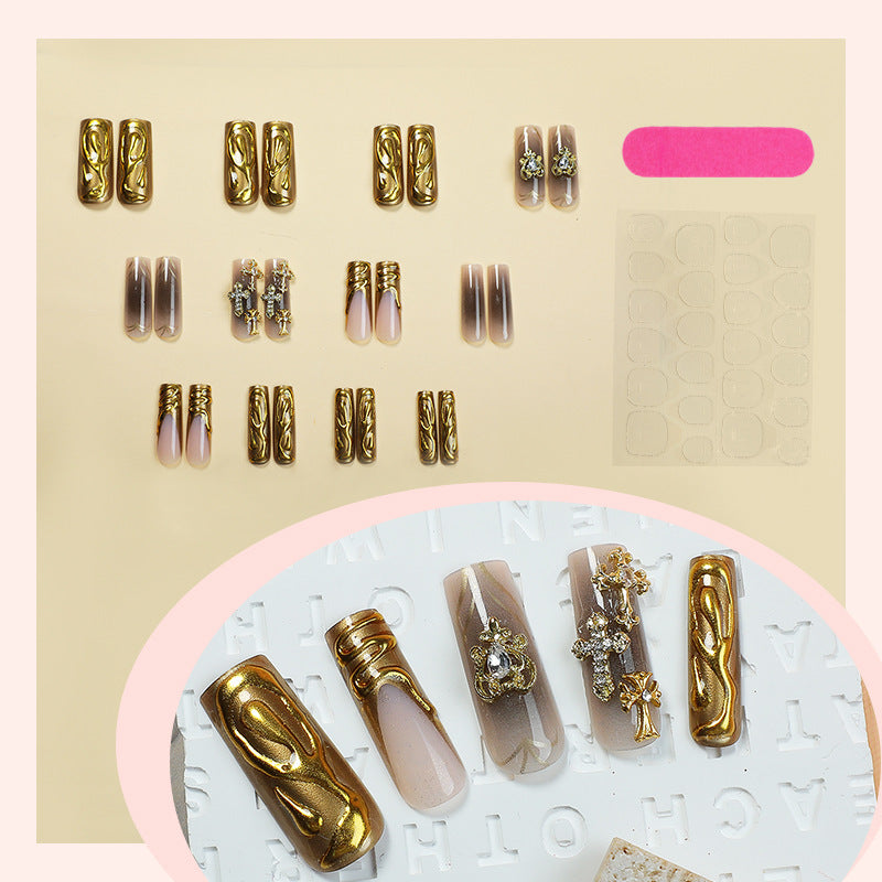 Decorative Press-On Nail Set with Gold Accents Acalora