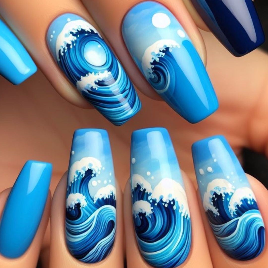 Artificial Nail Set with Maritime Wave Designs Acalora