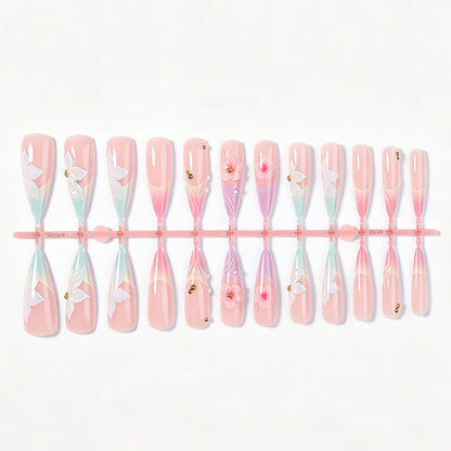 Elegant Artistic Press-On Nail Set with Floral Designs Acalora