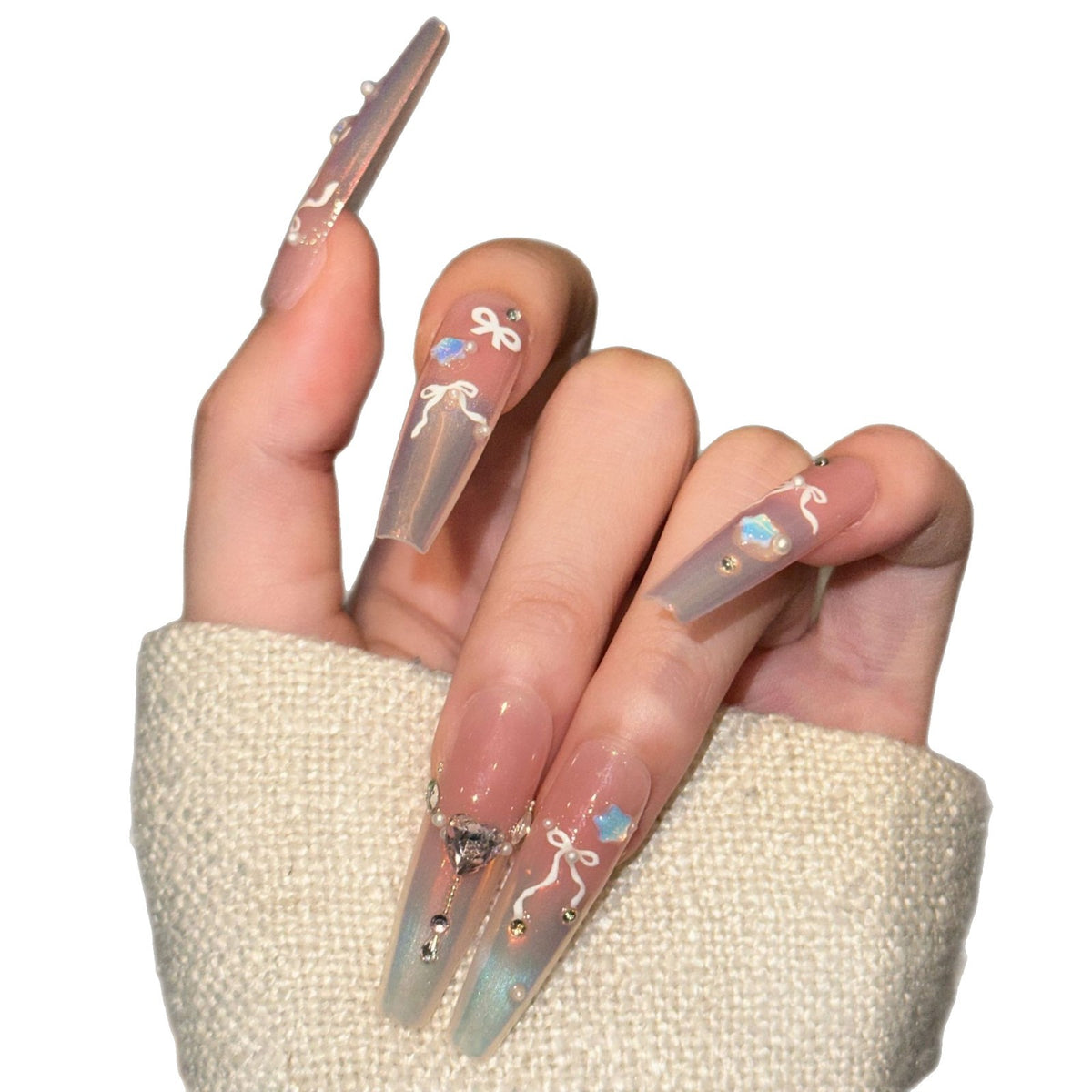 Elegant Press-On Nail Art Set with Chic Ribbon and Gem Accents Acalora