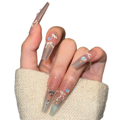 Elegant Press-On Nail Art Set with Chic Ribbon and Gem Accents Acalora