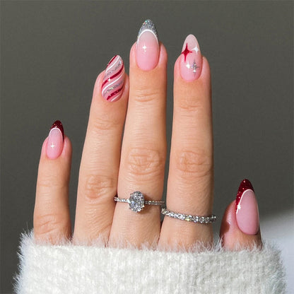 Decorative Press-On Nail Set with Glitter and Striped Design Acalora