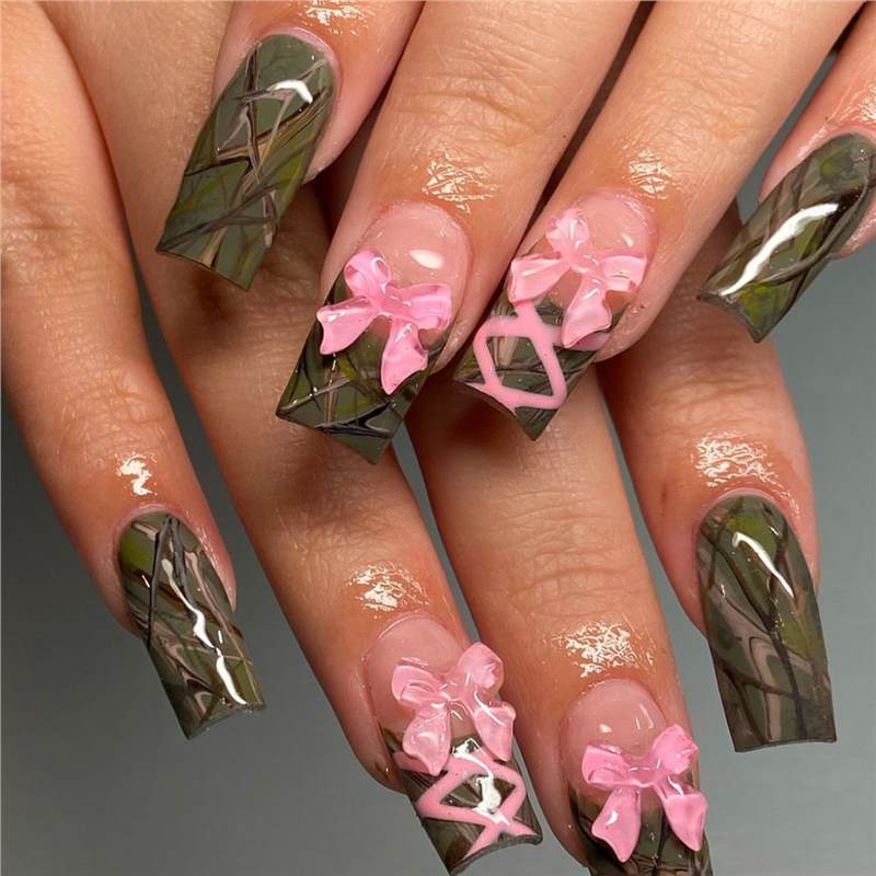 Decorative Long Press-On Nail Art with Bow Accents Acalora