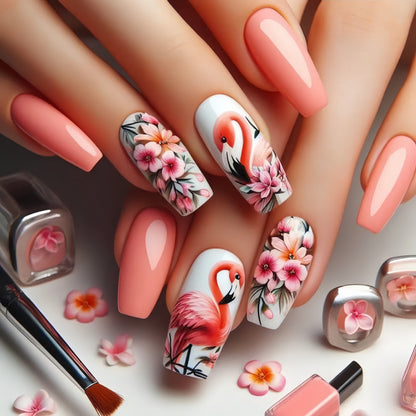 Nail Art Set with colorful flamingo and flower patterns Acalora