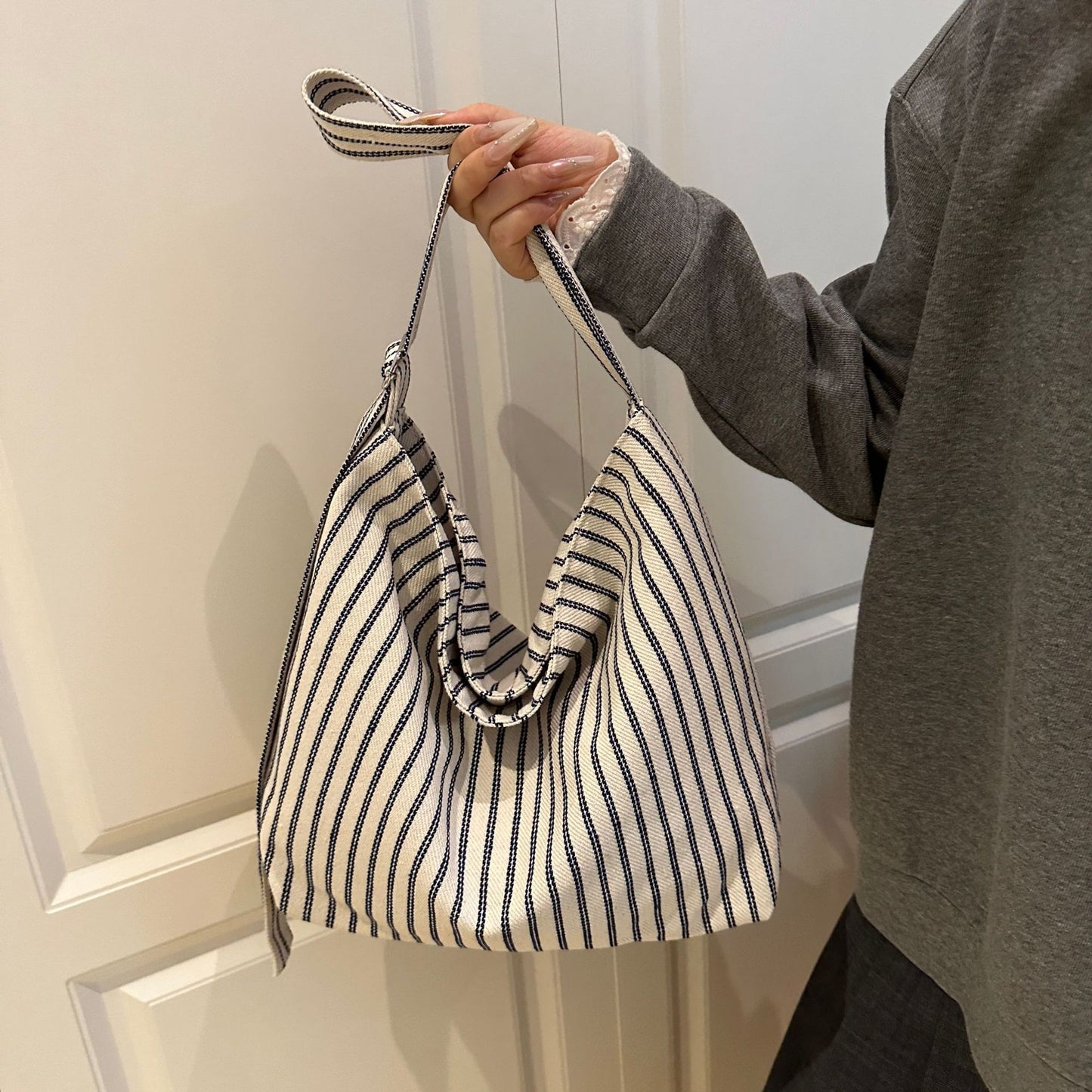 Casual Striped Canvas Tote Bag Acalora