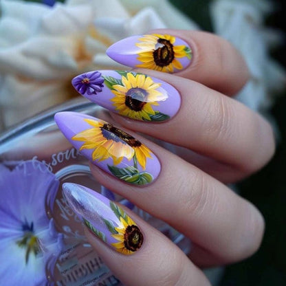 Art nails with elaborate sunflower motifs Acalora