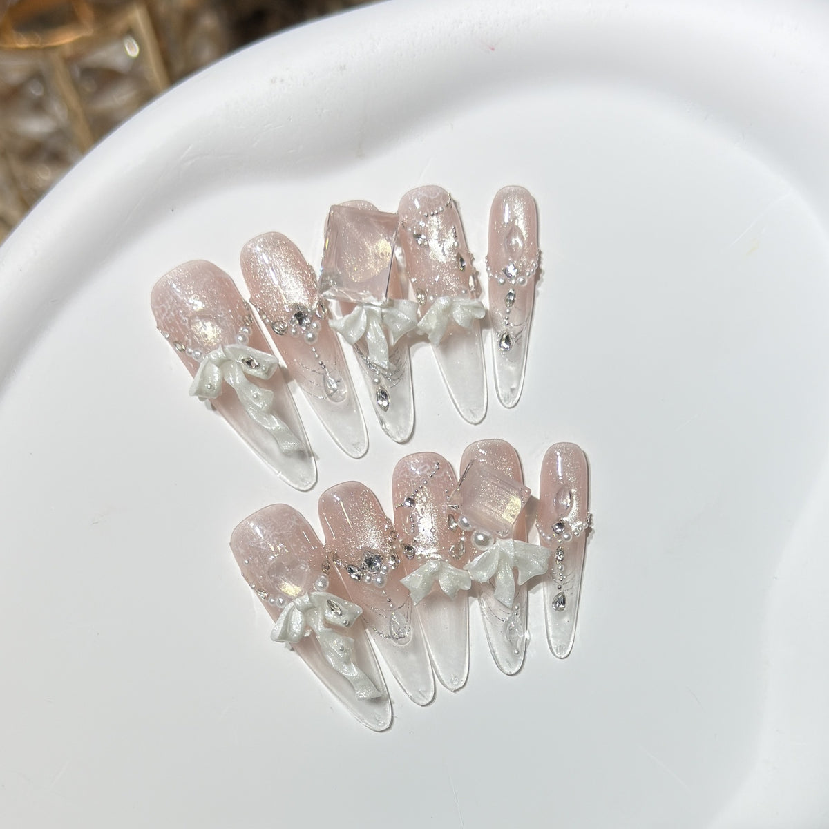 Elegant Press-On Acrylic Nail Set with Decorative Bow and Glitter Accents Acalora