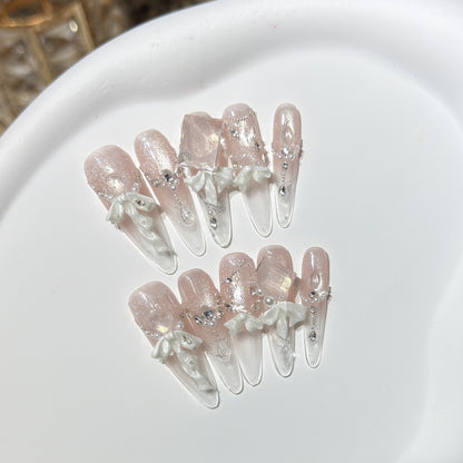 Elegant Press-On Acrylic Nail Set with Decorative Bow and Glitter Accents Acalora