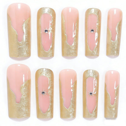 Artistic Long Nail Tips Set with Gold Accents Acalora
