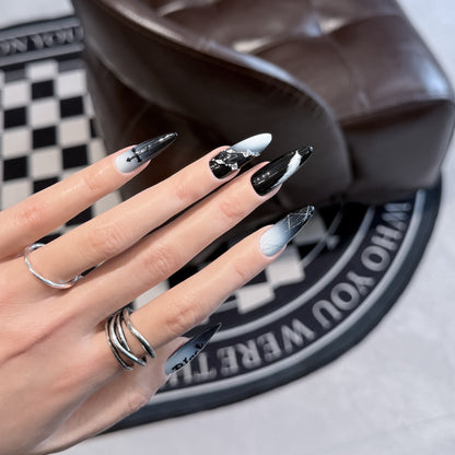 Artistic Press-On Nail Set with Gothic Feather and Cross Design Acalora
