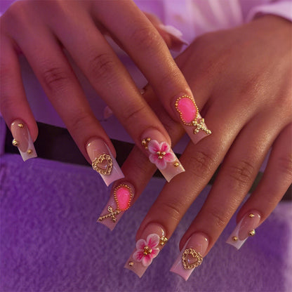 Decorative Floral Press-On Nail Set with Gem Accents Acalora
