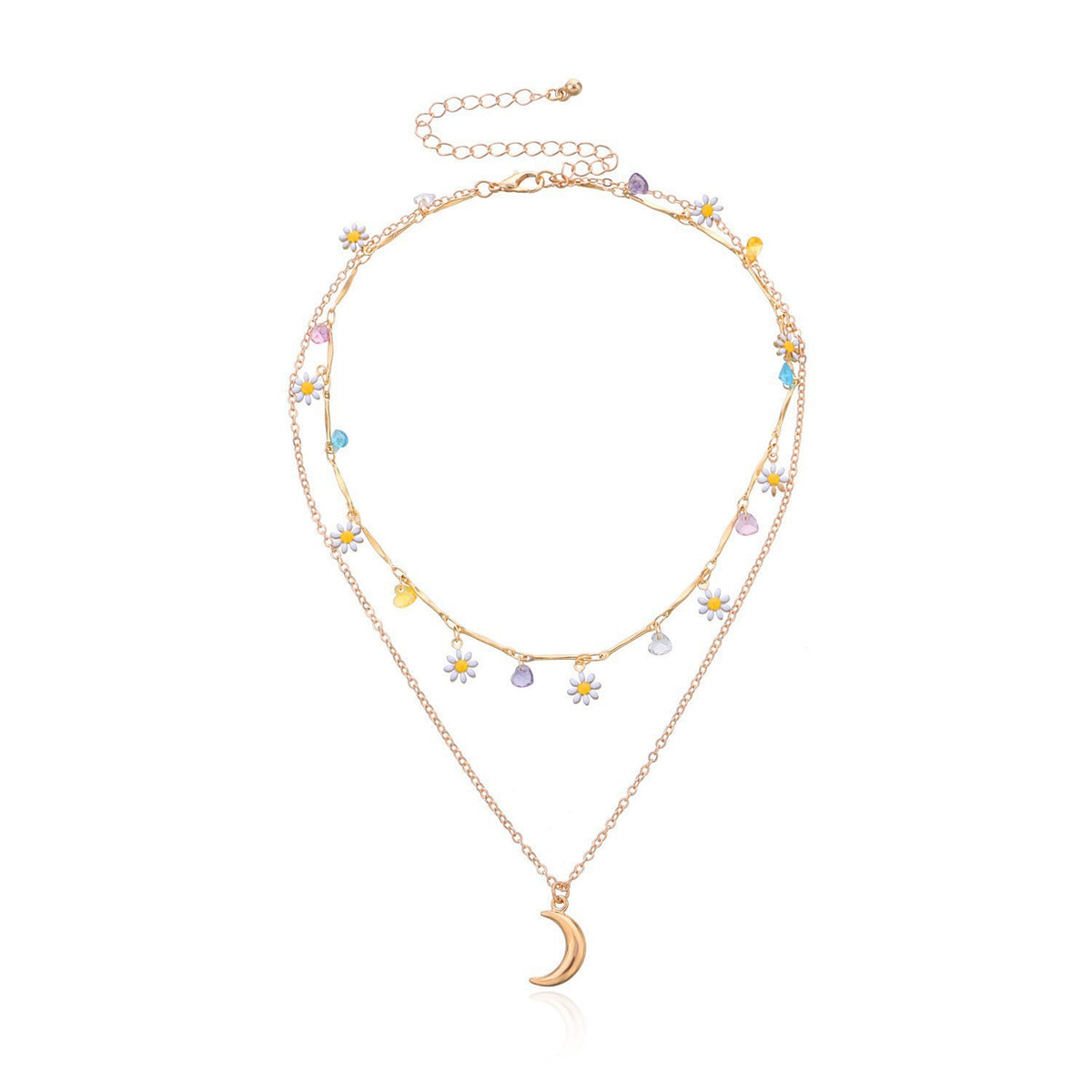 Layered Moon and Daisy Pendant Necklace Acalora